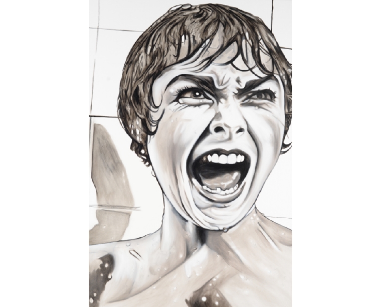 Black and white painting of Janet Leigh screaming in the shower scene from Psycho, by Kim Parrent
