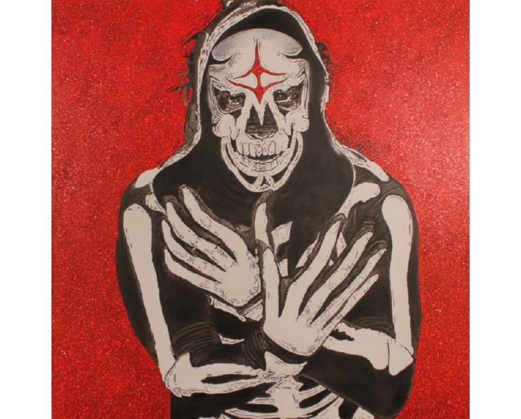 Painting of La Parka in a skeleton suit and skull mask with crossed arms on red glitter, by Kim Parrent