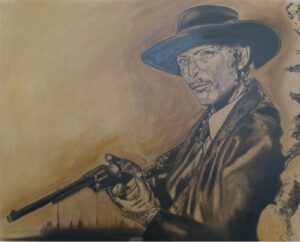 Painting of Lee Van Cleef holding a revolver, by Kim Parrent