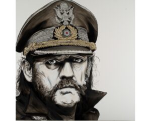 Painting of Lemmy of Motörhead in an officer's peaked cap in black, white and gold, by Kim Parrent