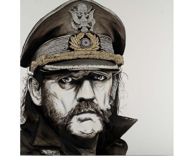 Painting of Lemmy of Motörhead in an officer's peaked cap in black, white and gold, by Kim Parrent