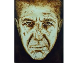 Close-up painting of Leonard Cohen's lined face in bronze and pale green tones, by Kim Parrent