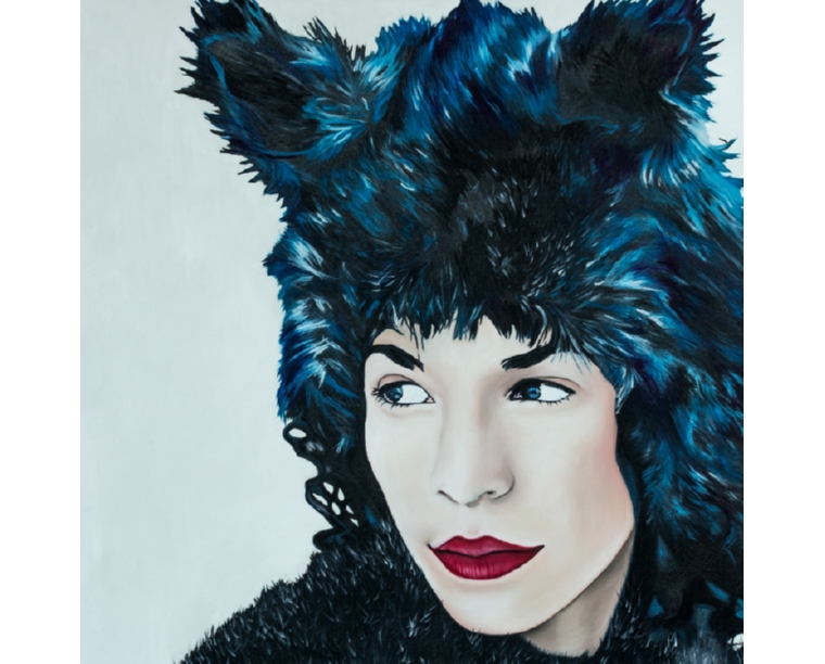 Painting of Lily Tomlin wearing a blue fur hat and red lipstick, by Kim Parrent