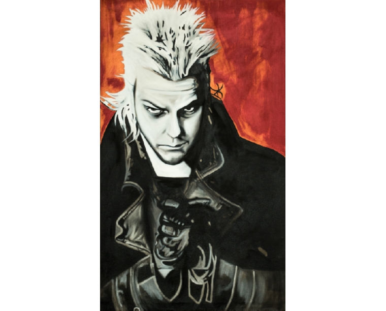 Painting of the vampire David from The Lost Boys with bleached hair and a black coat on red, by Kim Parrent