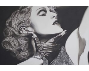 Black and white painting of Madonna reclining with a gloved hand at her throat, by Kim Parrent