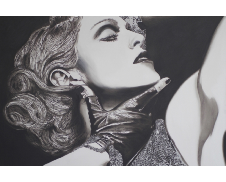 Black and white painting of Madonna reclining with a gloved hand at her throat, by Kim Parrent