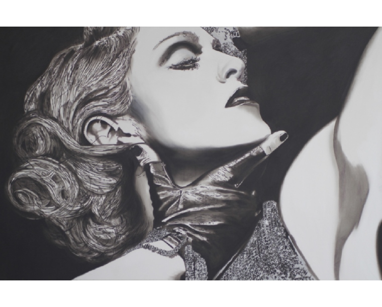 Black and white painting of Madonna reclining with a gloved hand at her throat, by Kim Parrent
