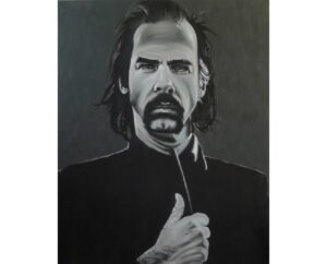 Charcoal-grey painting of Nick Cave in a black suit giving a thumbs up, by Kim Parrent