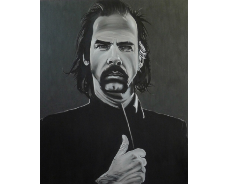 Charcoal-grey painting of Nick Cave in a black suit giving a thumbs up, by Kim Parrent