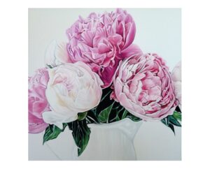 Still life painting of pink and white peonies in a white vase, by Kim Parrent