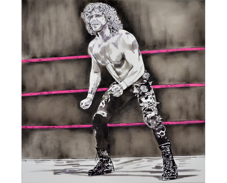 Painting of Brian Pillman in a wrestling ring with pink ropes, by Kim Parrent