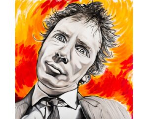 Painting of Johnny Rotten with a wide-eyed stare on a fiery orange and red background, by Kim Parrent