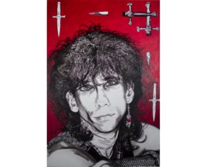 Painting of Stiv Bators surrounded by silver daggers and crosses on a red background, by Kim Parrent