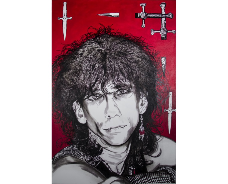 Painting of Stiv Bators surrounded by silver daggers and crosses on a red background, by Kim Parrent