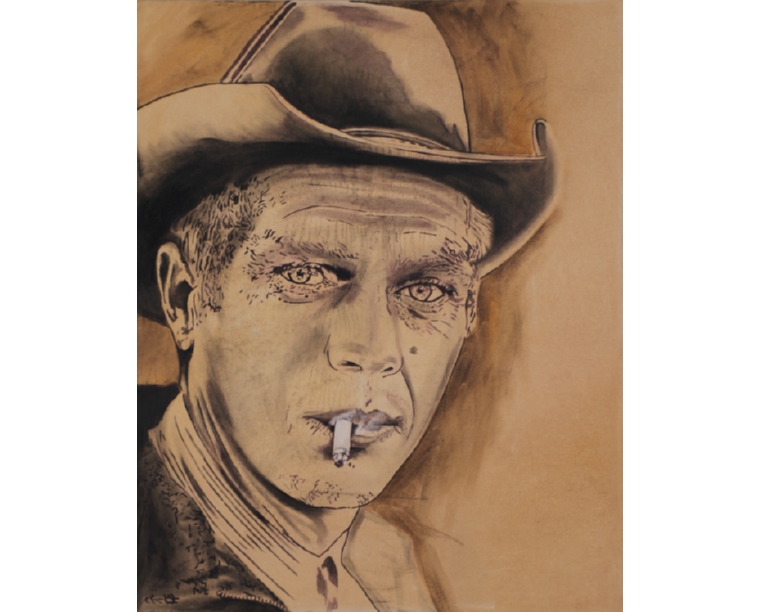 Painting of Steve McQueen in a cowboy hat smoking a cigarette, by Kim Parrent