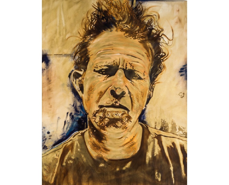 Painting of Tom Waits's face in ochre, gold and brown tones, by Kim Parrent