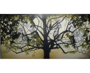 Painting of a tree silhouette against glowing gold and green light, by Kim Parrent