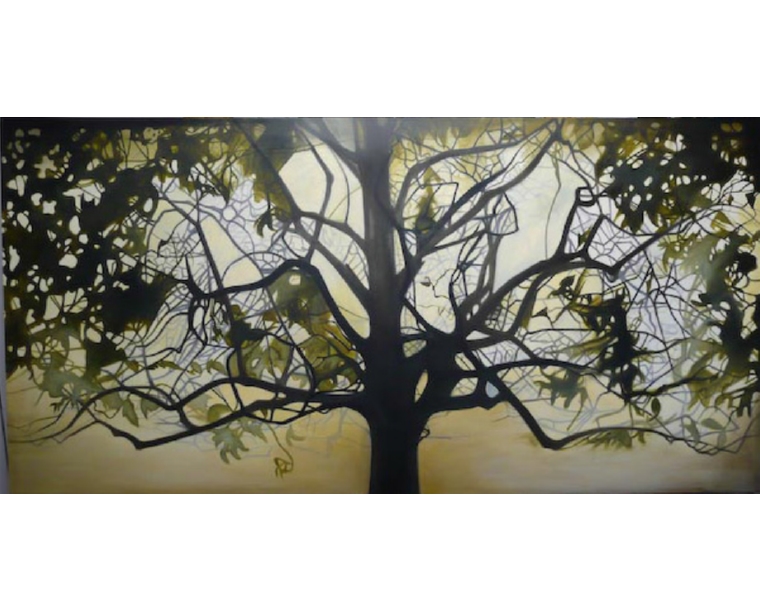 Painting of a tree silhouette against glowing gold and green light, by Kim Parrent