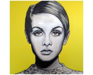 Painting of Twiggy with a pixie cut and dramatic lashes on a yellow background, by Kim Parrent
