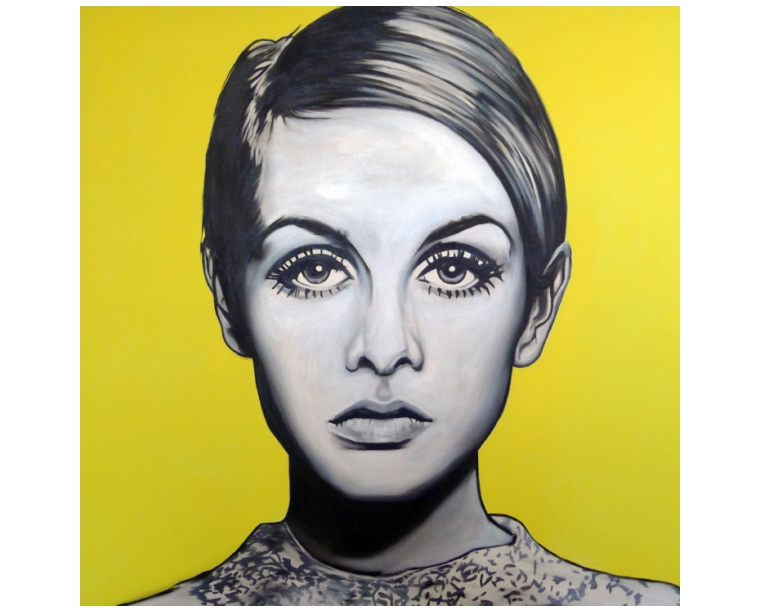 Painting of Twiggy with a pixie cut and dramatic lashes on a yellow background, by Kim Parrent