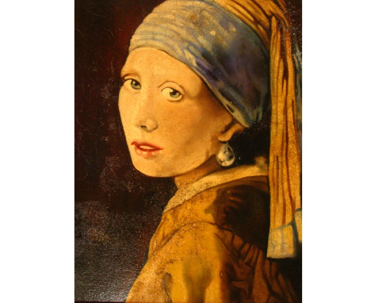 Amber-toned painting after Vermeer's Girl with a Pearl Earring, by Kim Parrent
