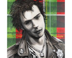 Painting of Sid Vicious in a leather jacket and padlock chain on a red and green tartan background, by Kim Parrent
