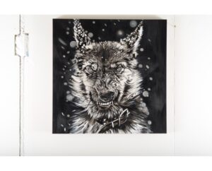 Black and white painting of a snarling wolf with bared teeth, by Kim Parrent