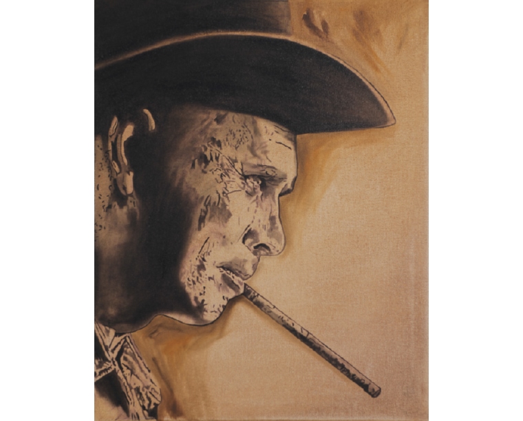 Painting of Yul Brynner in profile with a cheroot, by Kim Parrent